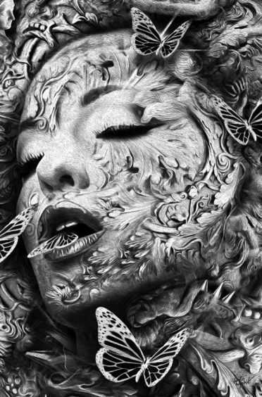 sketch woman closed eyes buterflies
